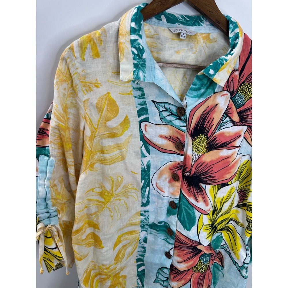 John Mark Artsy Boho Wire Collar Raw Hem 100% Linen Tunic Top Floral Size Small - Picture 3 of 12